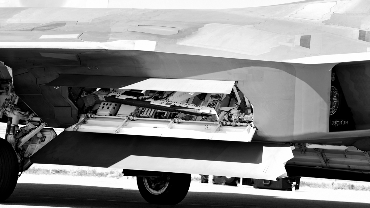 Chino, CA, USA - May 3, 2015: Lockheed Martin F-22 Raptor stealth tactical fighter aircraft. View of compartment housing the electrical system at the Planes of Fame Airshow in Chino, California